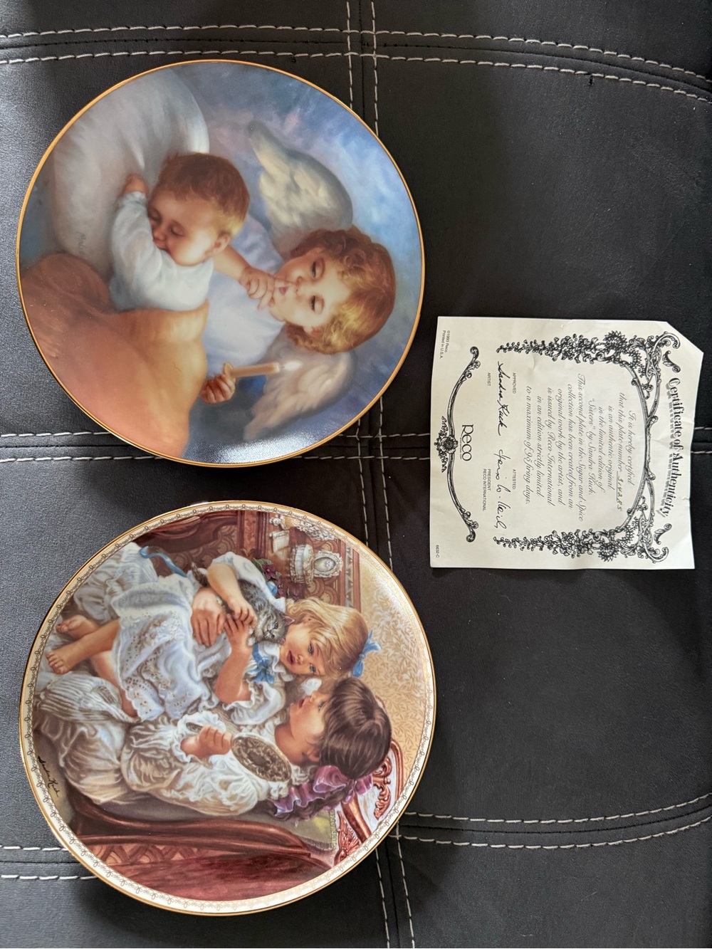 Collectible Decorative Plates with Cherub and Children Artwork - Gold Trim